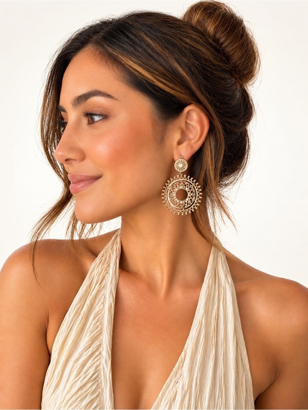 Gold tone sunburst Filigree Statement Earrings Rhinestone Boho Luxe Drop